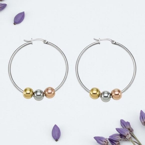 🆕️‎ 18K Gold Plated Stainless Steel Tri-Color Beaded Hoop Earrings Trendy Chic - Picture 7 of 9